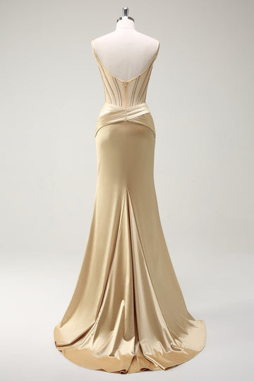 Sparkly Mermaid Spaghetti Straps Corsetto d'oro Abito da cerimonia con fessura